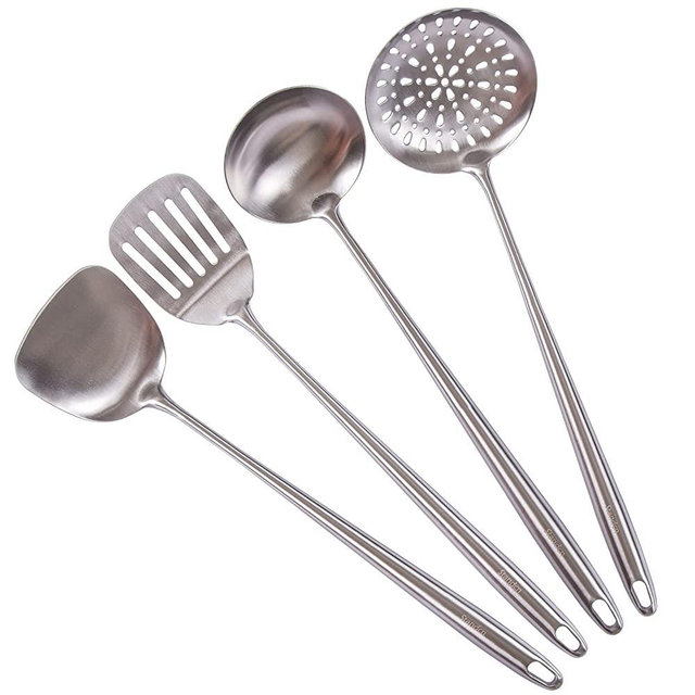 17Inch 304 Stainless Steel Kitchen Utensils Set, Standcn 4-Pieces Long Handle Cooking Utensil with Wok Spatula, Ladle, Slotted Spoon, Slotted Spatula Turner