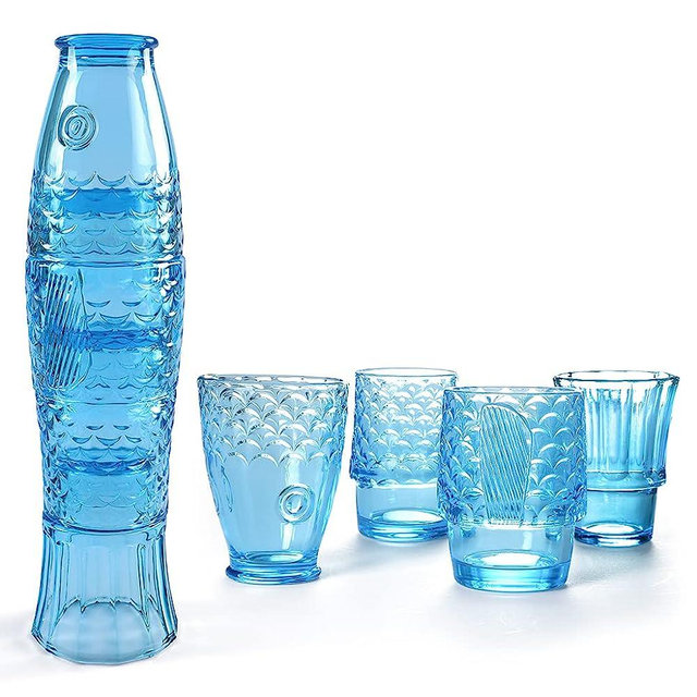 MDLUU Fish Design Tumbler Glasses, Stackable Drinking Glasses, Colored Glass Beverage Cups, Nautical Glassware for Gift, Set of 4 (Blue)