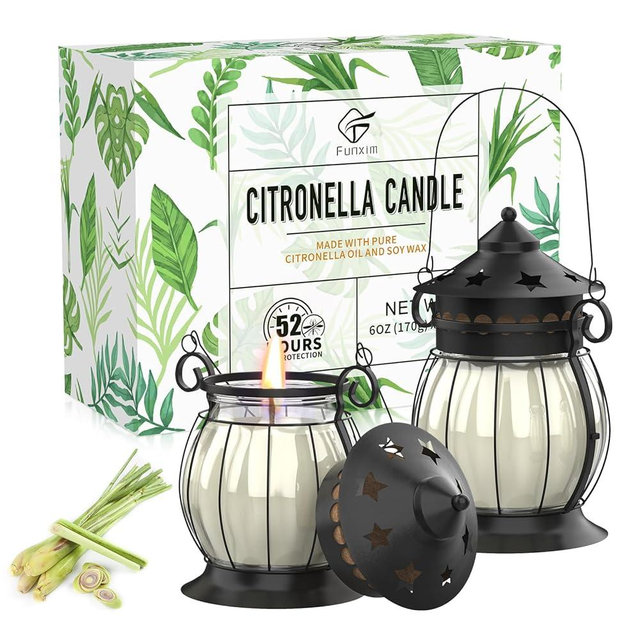 Citronella Candles Outdoor, 2 x 6oz Scented Candles with Vintage Metal Lantern Holder, Natural Citronella Soy Wax Candles, Lemongrass Candles for Patio, Garden, and Camping - Gifts for Women