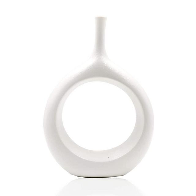 White Ceramic Flower Vase for Home Decor,10 inch Modern Geometric Vase for Living Room Bedroom Dining Table