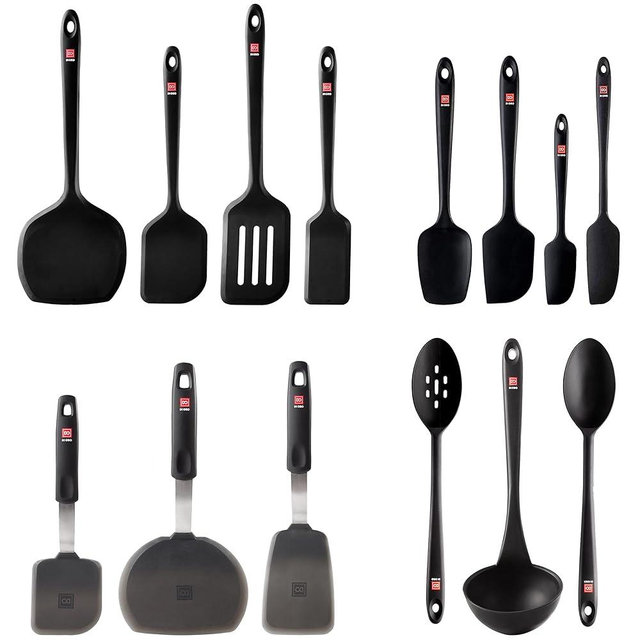 DI ORO 14-Piece Silicone Kitchen Utensil Set - 600°F Heat-Resistant Nonstick Flexible Silicone Turner Spatulas, Spoons, & Ladle - Nonstick Cookware Safe Tools for Baking & Cooking - BPA Free (Black)