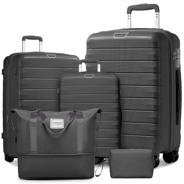 LARVENDER Luggage Sets 5 Piece with Duffel Bag Expandable(Only 28 inch) Hardside PP carry on luggage with 360° Spinner Wheels TSA Lock for Men Women, Grey