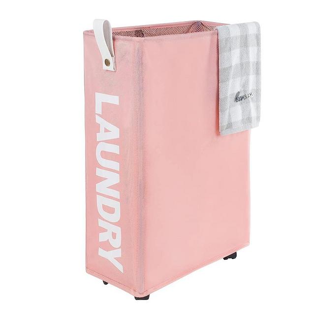 Caroeas Large Slim Laundry Basket 45L Tall with Leather Handle, Laundry Baskets on Wheels, Collapsible Laundry Hamper, Rolling Hamper Dorm Basket