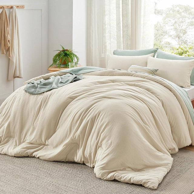 Bedsure Super King Plus Size Comforter Set, Light Beige Soft Prewashed Bedding for All Seasons, 3 Pieces GentleSoft™ Bed Set, 1 Lightweight Comforter (128"x120") and 2 Pillowcases (20"x36")