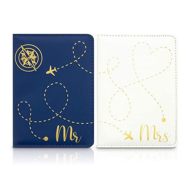 Couples RFID Passport Wallet Box Set, One Mr and One Mrs (Blue, White, 2 Pieces)