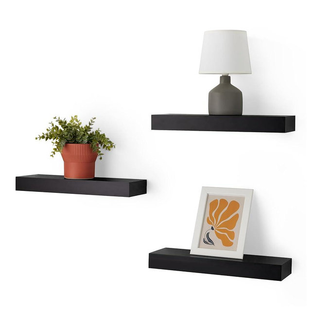 Amazon Basics Wood Floating Wall Shelves, Pack of 3, Black, 15.8" x 5" x 1.8"