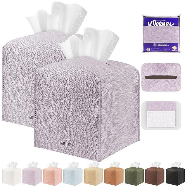 PARIERIS Tissue Box Cover Holder Square Tissue Cube Cover PU Leather Tissue Organizer with Bottom Belt for Bathroom, Tabletop, Car, Night Stands, Office, Home, Kitchen (2, Violet)