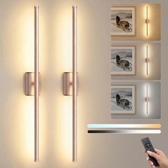 ONEWISH Battery Operated Wall Sconces Set of 2, 27.75" Rechargeable Wall Lights with Remote & Timer, 3-Color Dimmable Wireless Sconces for TV Wall Decor, Picture Light, Bedroom, Gold
