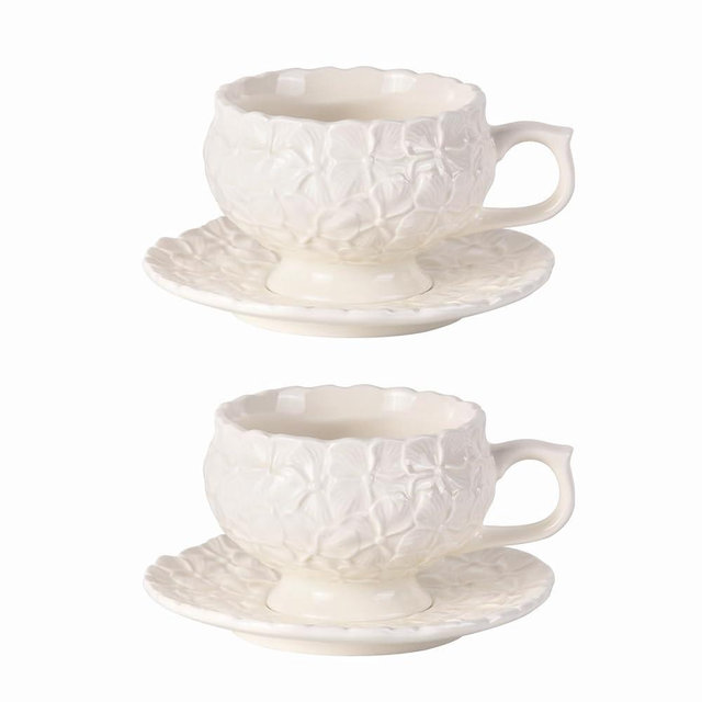 KAMMAK Tea Cups and Saucers Set of 2, Porcelain Coffee Cups, 8.5-Ounce Stackable Espresso Mugs, Ceramic Demitasse for Coffee, Latte, Americano, Tea, White Flower