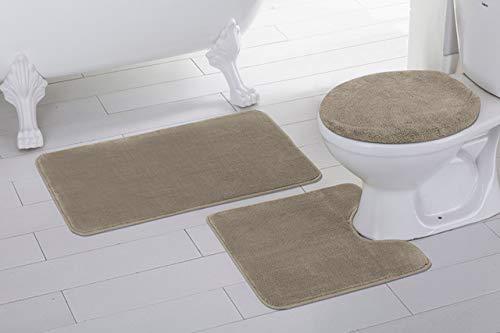 Fancy Linen 3pc Non-Slip Bath Mat Set Solid Taupe Bathroom U-Shaped Contour Rug, Mat and Toilet Lid Cover New