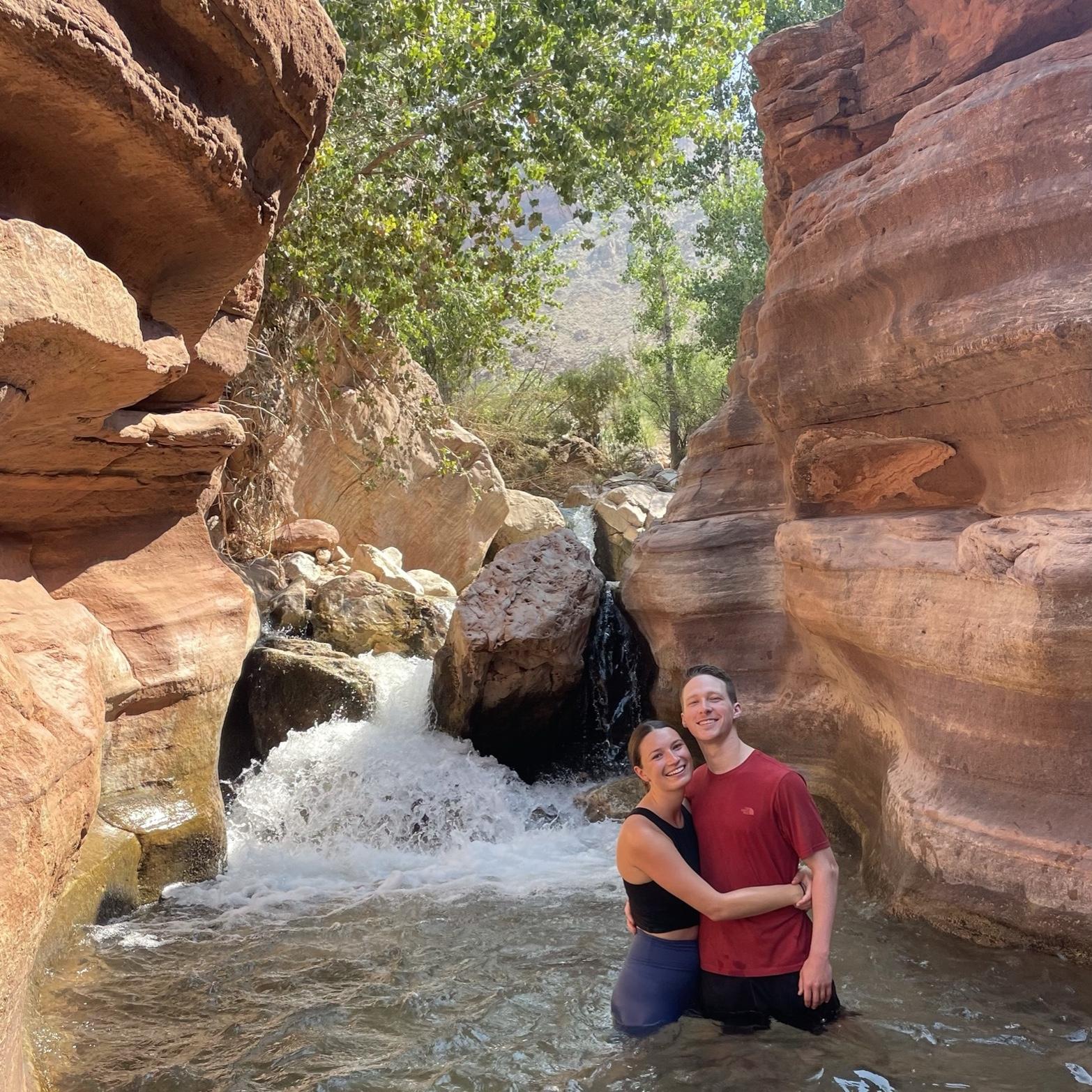 O & K exploring some waterfalls on their hike in the Grand Canyon