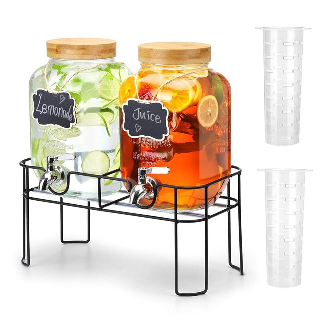 2 Pack 1 Gallon Glass Drink Dispenser with Bamboo Lid, Beverage Dispenser with Stand, Drink Machine for Lemonade, Iced Drinks Kombucha Dispenser