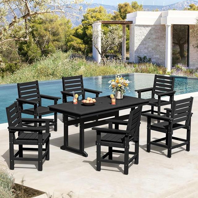 Homenjoy Patio Table and Chairs Set 7 Pieces, HDPE Weather Resistant Outdoor Dining Set with 1.95" Umbrell Hole, Rectangle Outdoor Dining Table with 6 Patio Chairs, Patio Dining Set for Balcony,Black