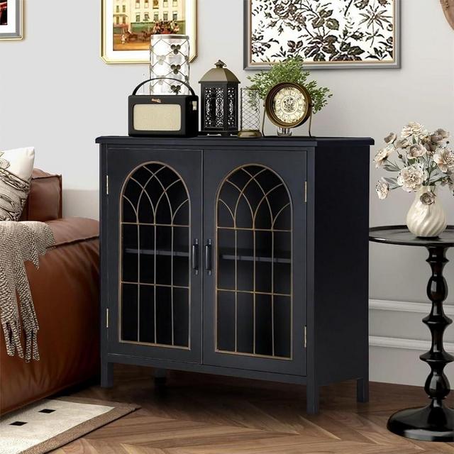 MFSTUDIO Accent Storage Cabinet with 2 Doors, Distressed Storage Cabinet Buffet Sideboard Display Cabinet with Metal Church Window Door for Entryway Living Room Kitchen, Black