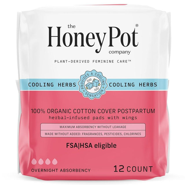 The Honey Pot Company - Herbal Postpartum Pads w/Wings - Infused w/Essential Oils for Cooling Effect, Organic Cotton Cover, & Ultra-Absorbent - 12ct
