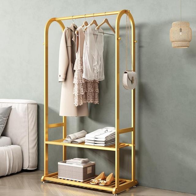 BUZUEY heavy duty clothes rack,clothing rack for hanging clothes,metal garment rack with bottom shelves and side 6 hooks,gold rack for clothes to hang,Wardrobe Rack for Coats,Shirts,Dress(L:31.5IN)