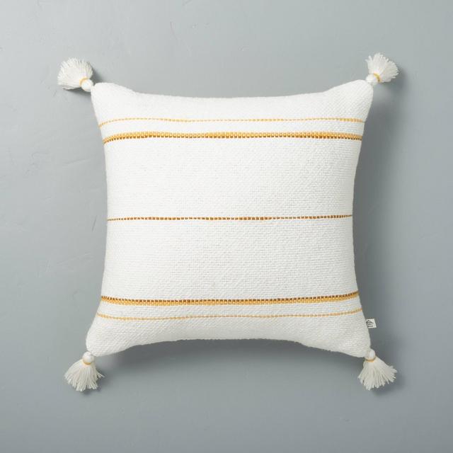18" x 18" Dotted Stripes with Tassels Throw Pillow Sour Cream/Yellow - Hearth & Hand™ with Magnolia