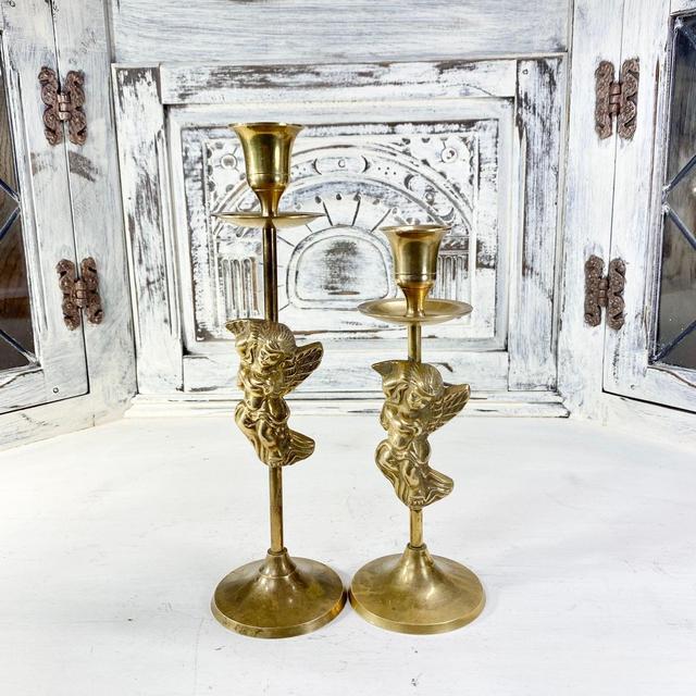 Solid brass cherub candlestick holders, Vintage Cherub Candlestick Holders