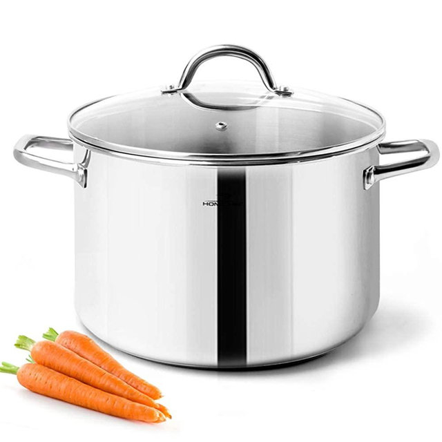 HOMICHEF 6 Quart Stock Pot With Glass Lid - Nickel Free Stainless Steel 6 Qt Pot With Handle - Mirror Polished Stock Pot 6 Quart - Induction Pot Cooking Pot With Lid - Healthy Cookware Stock Pot Set