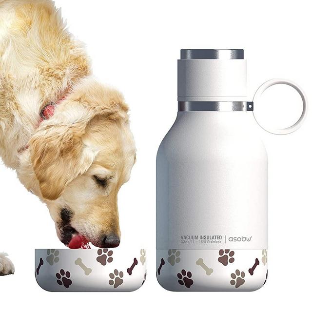 Asobu Dog Bowl Attached to Stainless Steel Insulated Travel Pet Bottle 1 Liter (White)