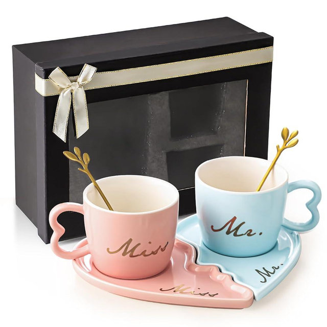 DELARLOCHEF Coffee Mug Set, Novelty Coffee Mugs, Mr and Mrs Mugs,Pink, Blue, Porcelain Coffee Mugs, Valentine's Day Gift, Couples Mugs for Wedding, Gifts for Married Couples, Pink and Blue