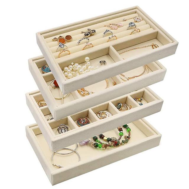 Velvet Jewelry Organizer Tray Stackable, Jewelry Storage Inserts Earring Holder Ring Box Necklace Case for Storage,Display Bracelet Brooch Watch Trays, Set of 4 (Beige)
