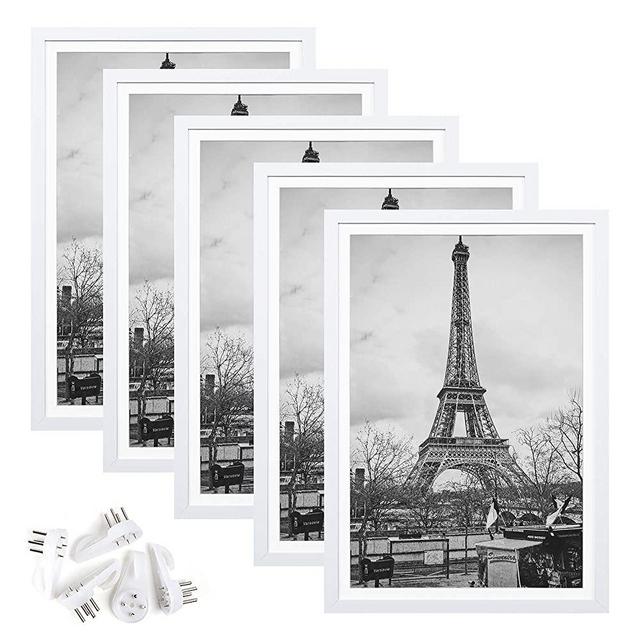 upsimples 13x19 Picture Frame Set of 5,Display Pictures 11x17 with Mat or 13x19 Without Mat,Wall Gallery Photo Frames,White
