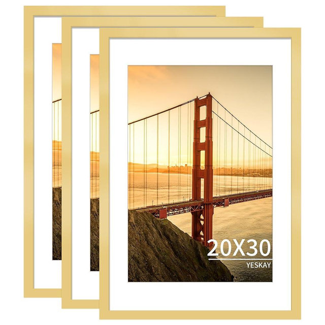 YESKAY 20x30 Picture Frame Gold Set of 3, Display Pictures 16x24 with Mat or 20 x 30 Without Mat, Poster Frames 20x30 for Wall Hanging Horizontal and Vertical