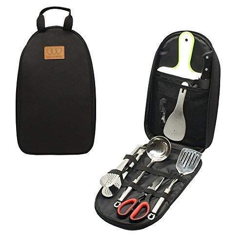 8Pcs Camping Cookware Kitchen Utensil Organizer Travel Accessories Set - Portable BBQ Camp Cookware Utensils Travel Kit with Water Resistant Case, Cutting Board, Rice Paddle, Tongs, Scissors, Knife
