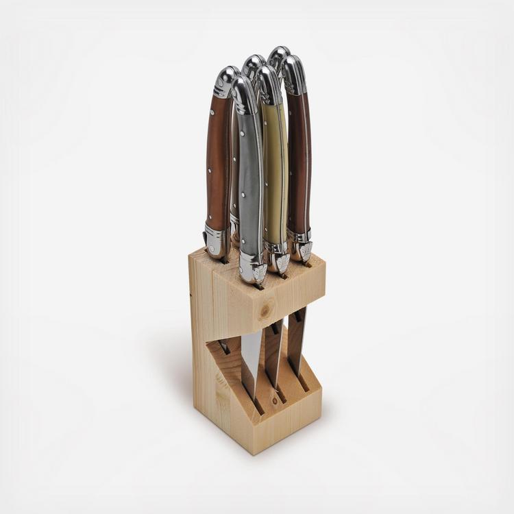 Jean Dubost 6 Steak Knives with Multi-Color Handles in a Clasp Box