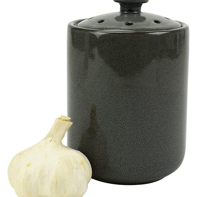 Boston Warehouse Stoneware Garlic Keeper Canister, Grey Reactive Glaze