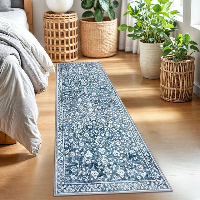 SILOLOOM Vintage 2x7 Runner Rug, Blue and White Washable Runners for hallways, Super Soft Kitchen Runner Rug Non Slip, Print Faux Wool Floral Thin Carpet Runner for Entryway Indoor Bedside Runner