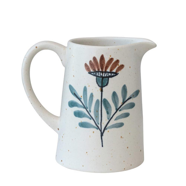Creative Co-Op Hand Painted Stoneware Floral Design, Multicolor Pitcher, Multi