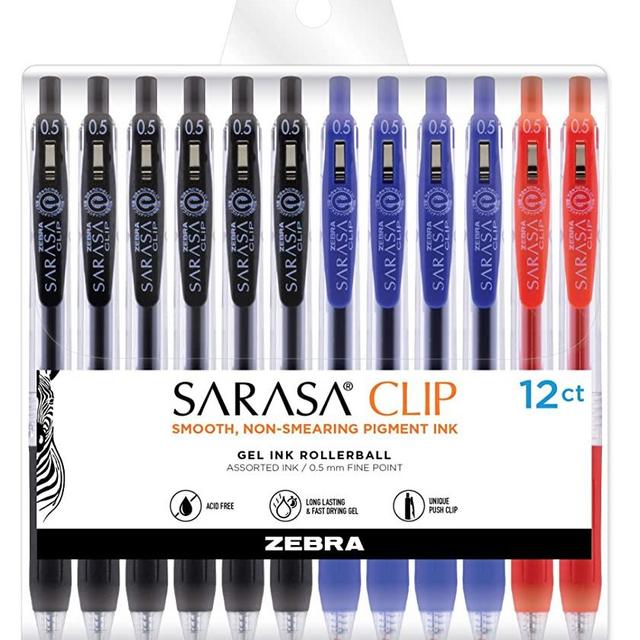 Zebra Pen Sarasa Clip Retractable Gel Pen, Fine Point, 0.5mm, Black/Blue/Red Ink, 12 Pack (44300)