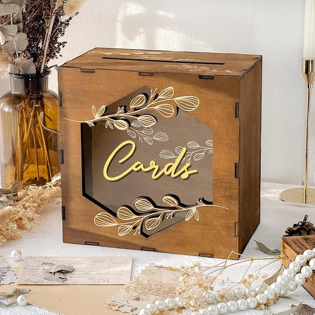 OurWarm Brown Wedding Card Box with Acrylic Window, Wooden Gift Card Box for Wedding Reception Decorations, Money Newly Named Box Decorations for Reception Party Birthday Rustic Wedding Decor