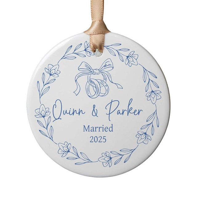 Chinoiserie Married Christmas Ornament, Blue Toile Wedding Ornament, Personalized Newlywed Gift for Couples