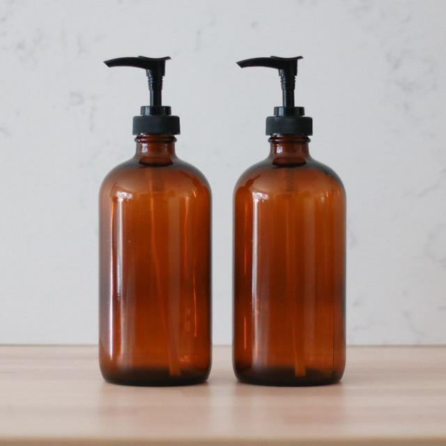 Amber Glass Soap Dispenser Set
