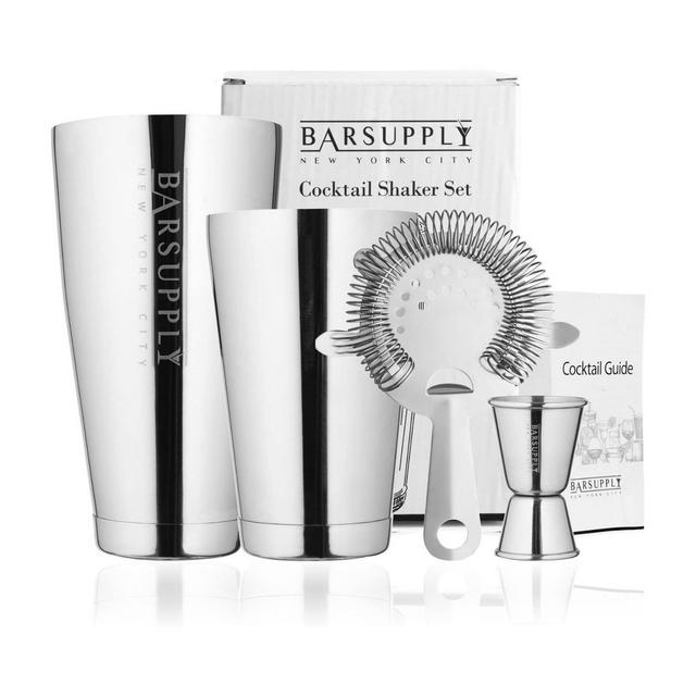 Bar Supply NYC Boston Cocktail Professional Shaker Set,4-Piece Bar Set, Stainless Steel, Shaker Tins,Hawthorne Strainer,Double Sided Jigger - Silver