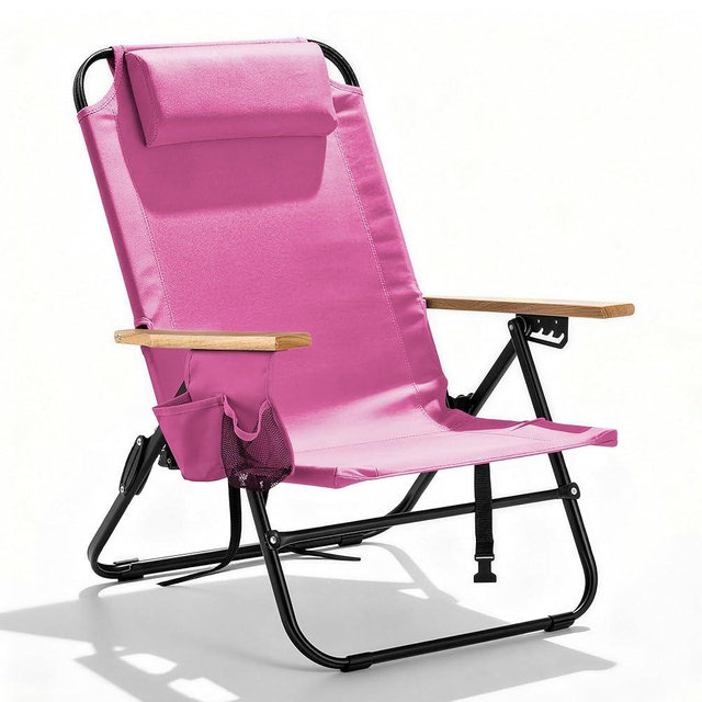 Canpsky Premium Portable Camping Chair 5-Position Recliner Beach Folding Lightweight Outdoor Chair with Wooden Armrests, Headrest, Multi-Pockets Heavy Duty 350lbs, for Patio, Backyard, Pink