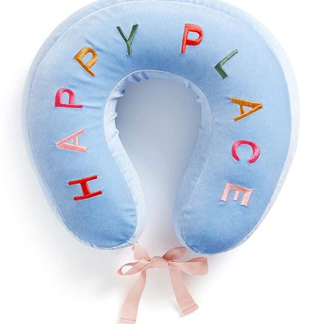 ban.do Getaway Travel Pillow with Washable Cover, Blue Neck Pillow for Sleeping in Airplanes or Cars, Happy Place