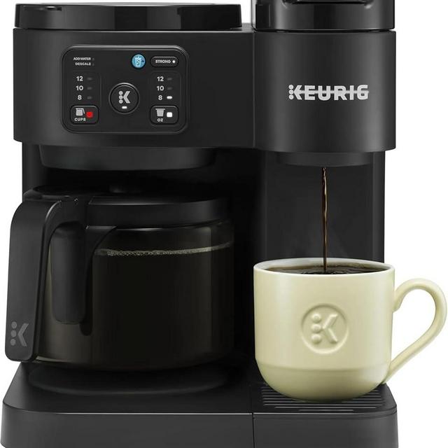 K-duo Essentials 2-in-1 Coffee Maker Cup Pod & Carafe 72oz MultiStream Hot & Iced Coffee Strong Brew Extra Hot Brew Over Ice 6-12oz Cups 6-12 Cup Glass Carafe Heating Plate Compact-Black