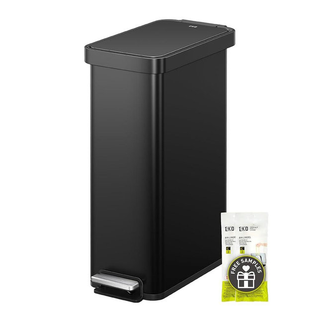 EKO Hudson Slim 50L / 13.2 Gallon Kitchen Trash Can with Lid, Stainless Steel Step Garbage Can for Kitchen or Home, Space-Saving Garbage Can with Soft Close Lid, Stay-Open, Liner Ring, Matte Black
