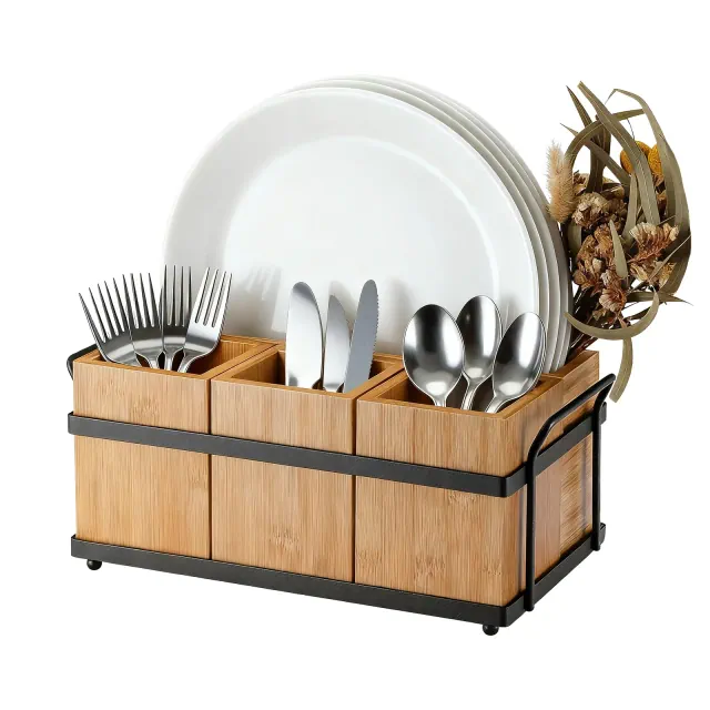 Multifunctional 4-in-1 Bamboo Utensil Caddy with Removable Divider - Portable Holder for Kitchen, BBQ, Picnic, Office & Bathroom Organization
