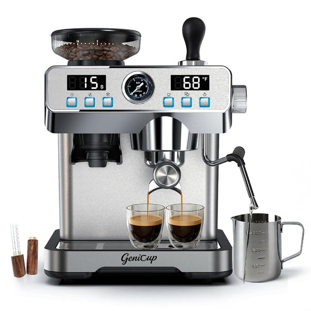 GeniCup Espresso Machine with Grinder 20 Bar Professional Expresso Coffee Machines for Home Customizable 194℉-203℉ Temp Control Espresso Maker with 68oz Water Tank All-in-One Coffee Maker Cold Brew