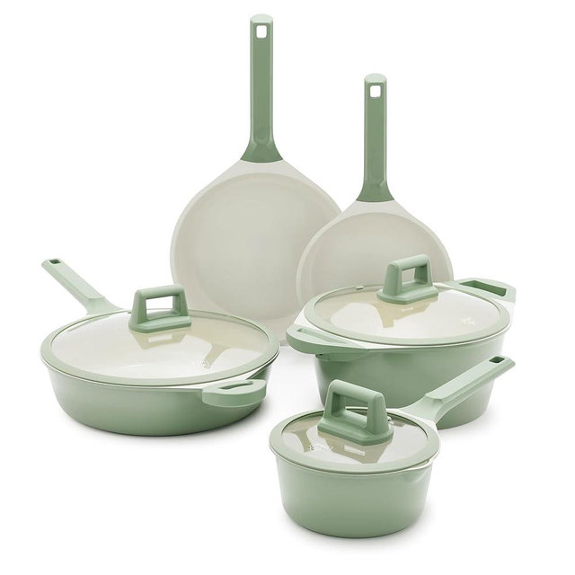 GreenLife Arte 8 Piece Ceramic Nonstick Cookware Pots and Pans Set, Induction Suitable, PFOA & PFAS Free, Stay-Cool Handles, Glass Lids, Stock Saucepans & Frying Pans, Dishwasher Safe, Sage Green