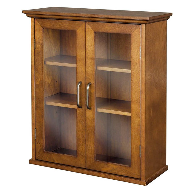 Teamson Home Avery Wooden Over The Toilet Bathroom Removable Wall Medicine Cabinet with 2 Adjustable Shelves 3 Storage Spaces 2 Glass-Paneled Doors and Antique Brass Knobs, Oiled Oak