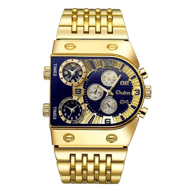 CARLIEN Men’s Luxury Rectangle Square Gold Silver Big Face Luminous Waterproof Quartz Watch Sports Multi-Time Zone Military Stainless Steel Male Dress Wristwatch