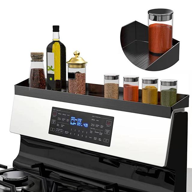 IIIOIIIA Stove Top Magnetic Shelf for Kitchen Organization | 30" Magnetic Spice Rack Over the Stove | 4" Deep Spice Organizer With Border All Around | Brushed Stainless - Black