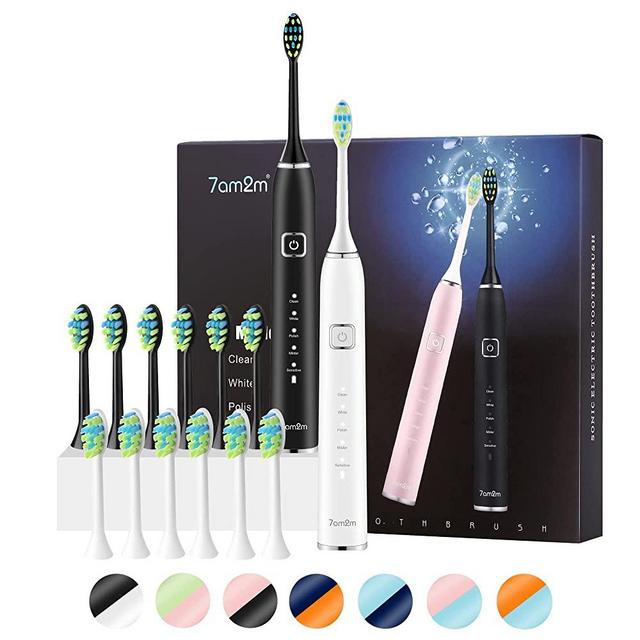 7am2m Electric Toothbrush 2 Pack Set for Kids and Adults, 12 Brush Heads,5 Adjustable Modes, Built-in 2-minute Smart Timer, Wireless Fast Charge for 60 Days,IPX7Waterproof SonicToothbrush (BLACK&WHITE
