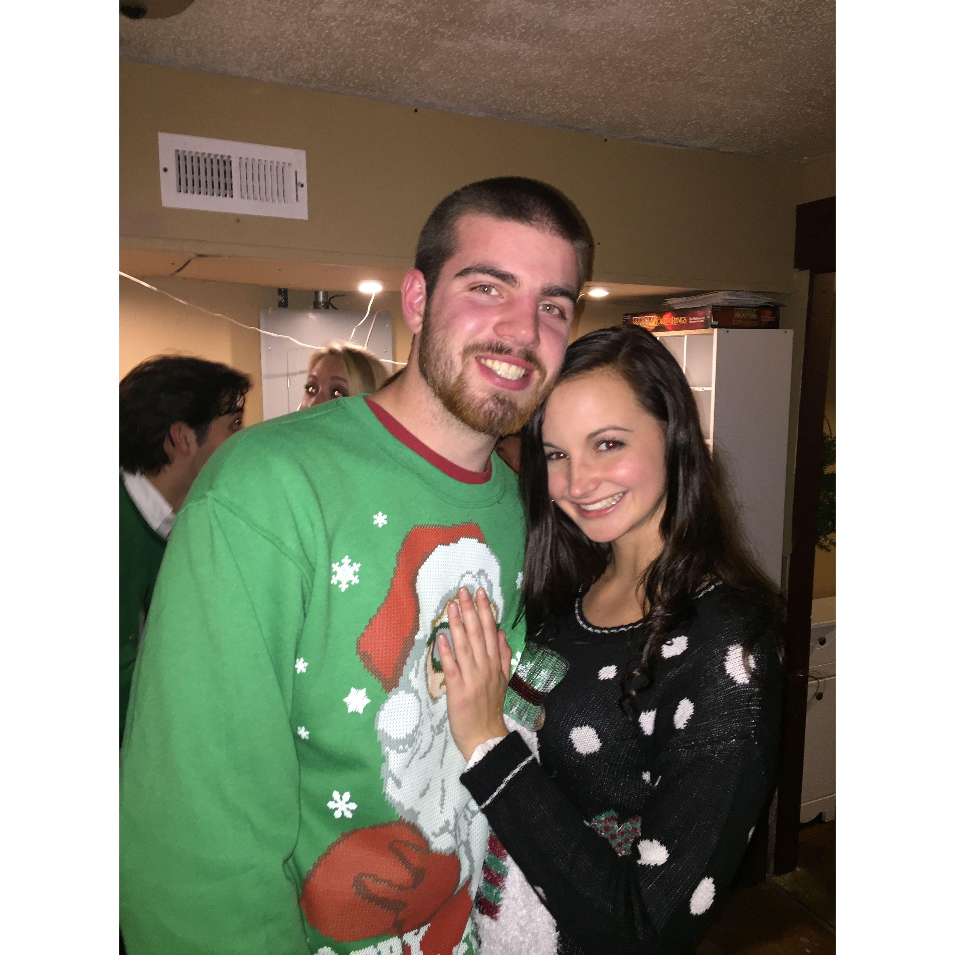 Blushing at our first fraternity Christmas date party together